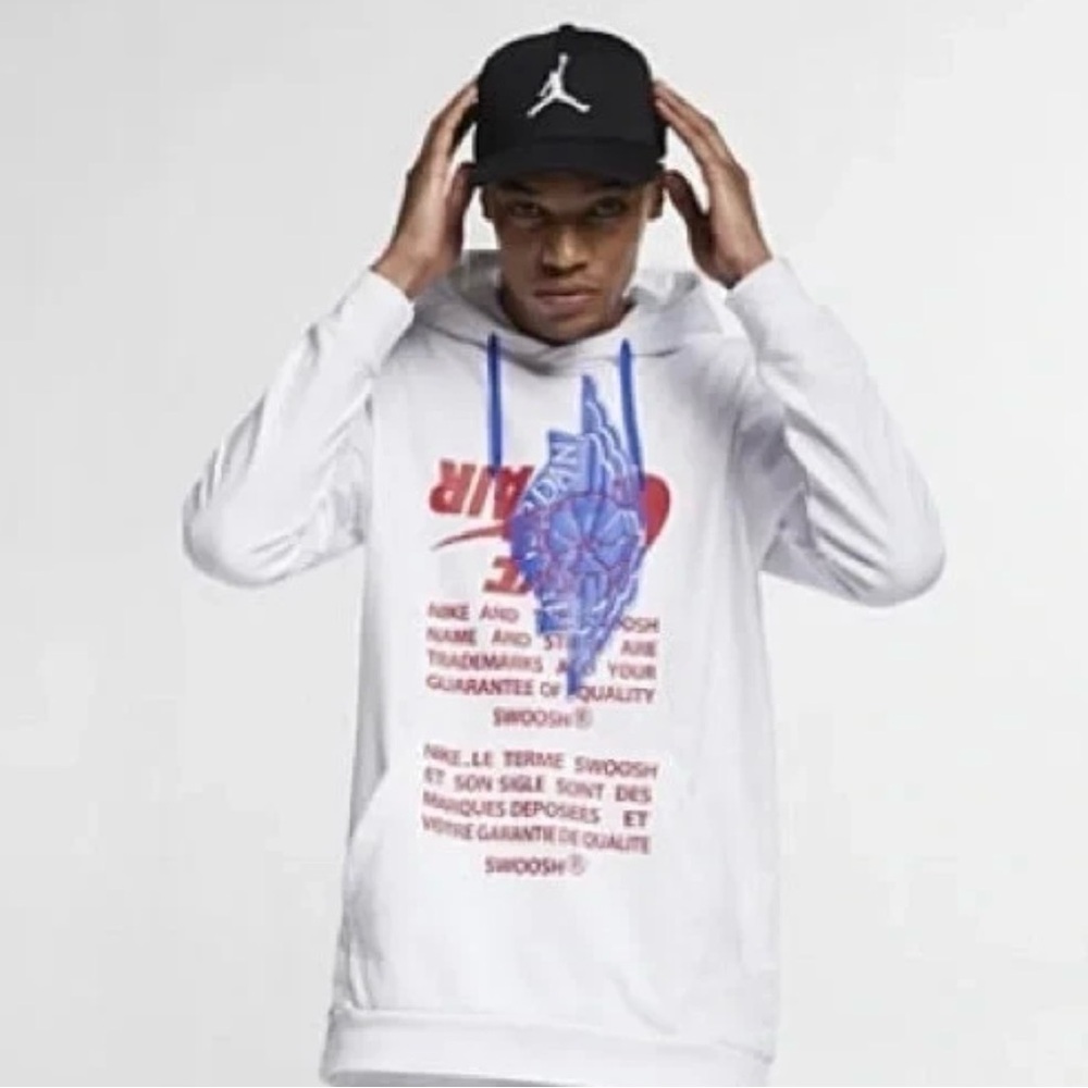 Nike Air Jordan White Hoodie with Blue and Red Graphic Mens Size Large